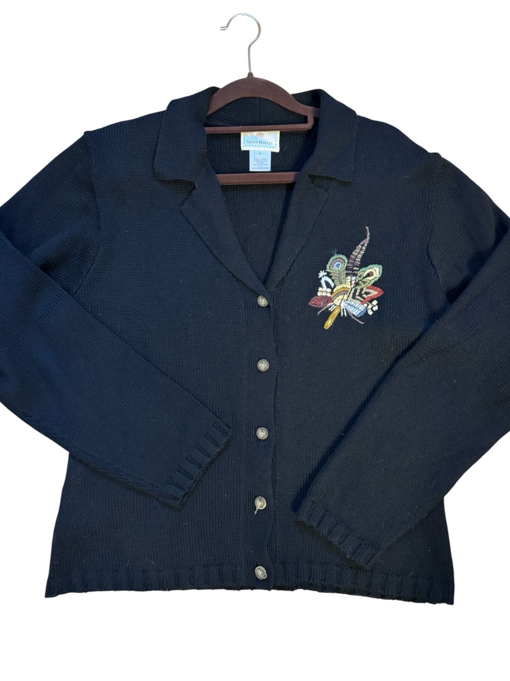 VTG 1997 Susan Bristol Black Wool Fall Embroidered Minimalist Cardigan Sweater L